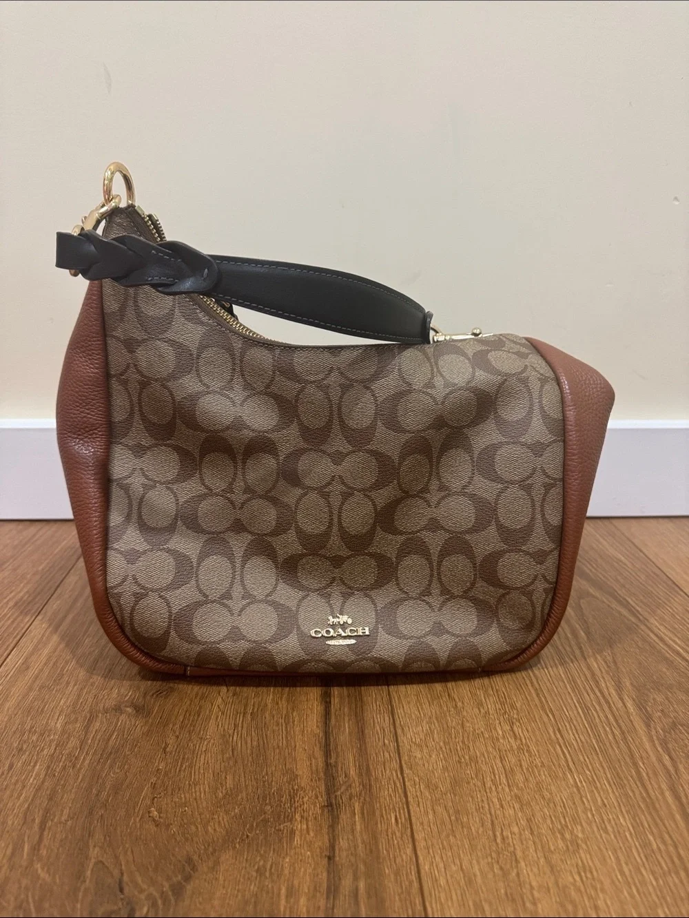 Coach Brown Signature Canvas Shoulder Bag with Black Strap
